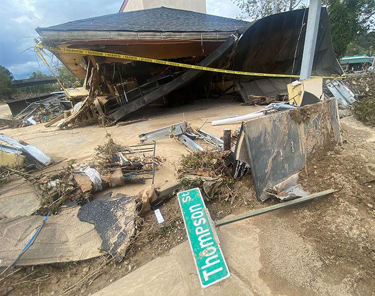 Photo of destruction following Hurricane Helene in Asheville, North Carolina