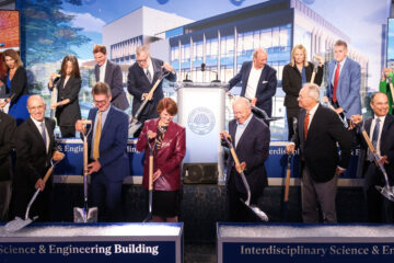 Photo of President Kaler, Provost Ward and other campus and community leaders during the ceremonial groundbreaking of the ISEB