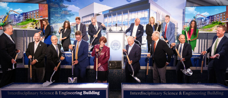 Photo of President Kaler, Provost Ward and other campus and community leaders during the ceremonial groundbreaking of the ISEB