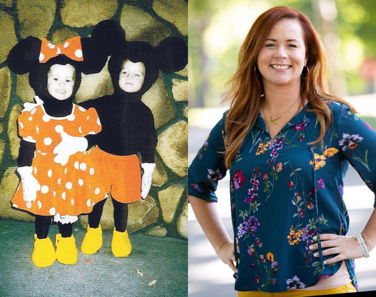 Photo collage of two images of Kelly Burns, one as a child with her cousin dressed as Minnie and Mickey Mouse and another more recently