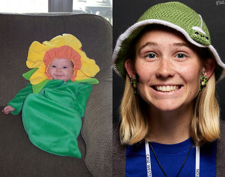 Photo collage of two images of Regan Manning, one as a baby dressed as a sunflower and another more recently