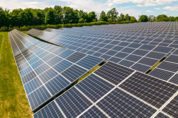 Photo of rows of solar panels on a solar farm