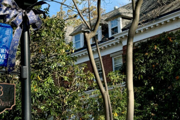 Photo of the light post outside Harcourt House decorated with a blue bow with the home in the background