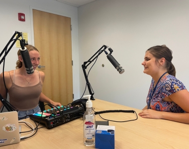 Lily McCloskey with guest during “Just in Case: A CWRU Podcast.” 