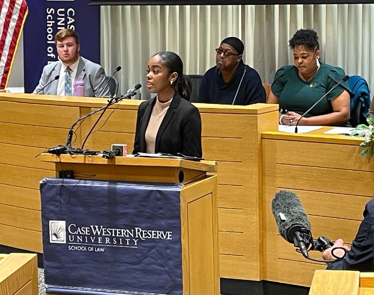 Law student Bobby Read, Law Student Yaninna Sharpley-Travis (speaking), Michael Anderson, Stephanie Howse-Jones