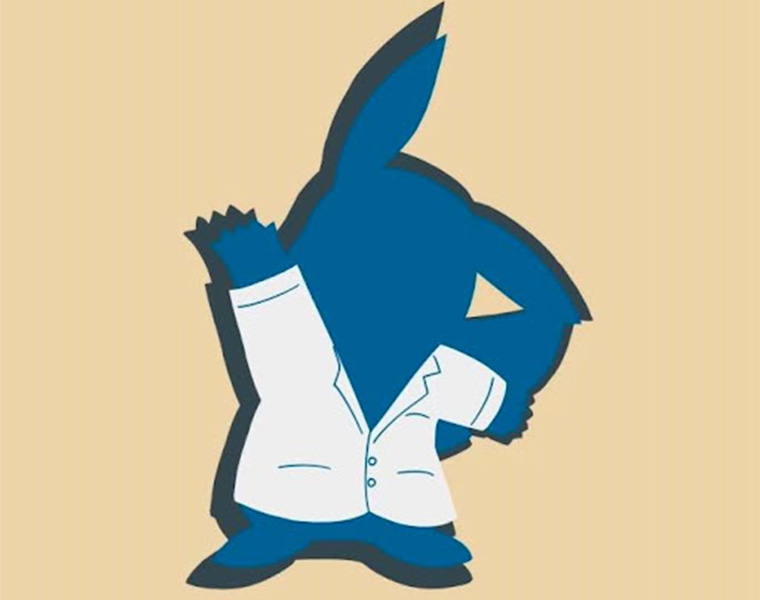 A blue cartoon outline of the character Pikachu wearing a white medical coat