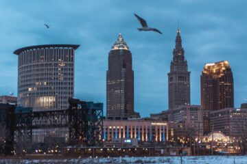 Cleveland Ohio Skyline at Sunset Blue Hour by the Foundry in the flats