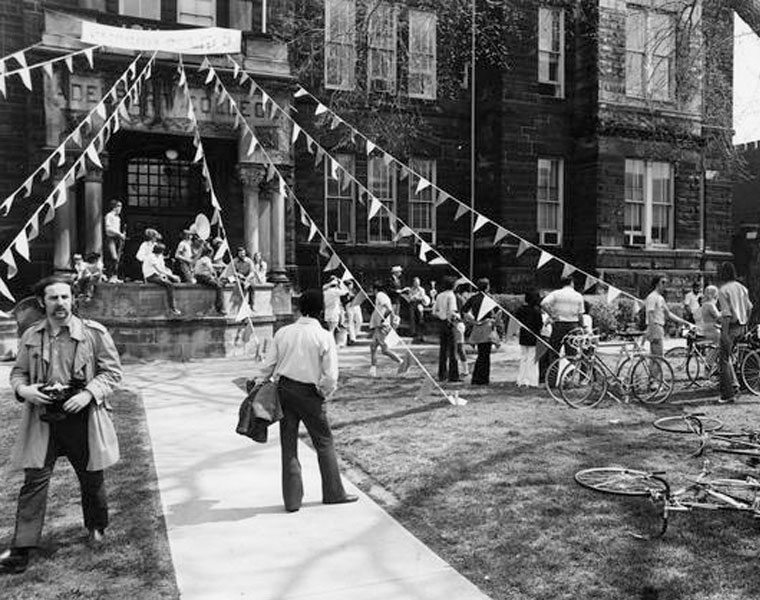 Photo of a Hudson Relays celebration outside Adelbert Hall in the 1970s