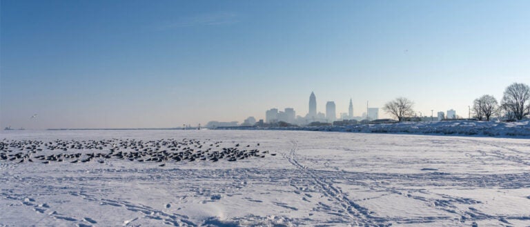 Snowy landscape with downtown Cleveland in the background