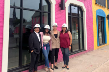 Left to right: Interns Xavier Pei, Chloe LaFaille and Sophia Cromwell with Soly Marengo, director of operations for Northeast Ohio Hispanic Center for Economic Development and CentroVilla25